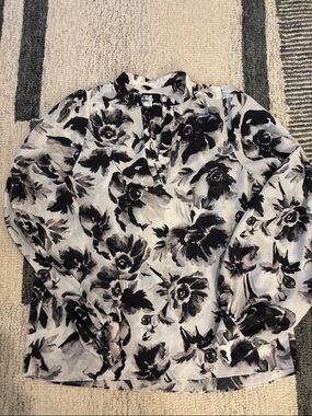 The Kooples Black & White Floral Split-Neck Blouse Parisian Chic long sleeve